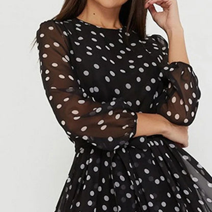Spring and Summer Chiffon Dress Long Sleeved Solid Color Polka Dot Dress Elegant Lantern Sleeve Round Neck High Waisted Dresses