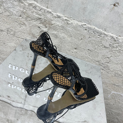 Summer Sexy Mesh Pumps Sandals Female Square Toe High Heel Lace Up Cross-Tied Stiletto Hollow Dress Party Shoes