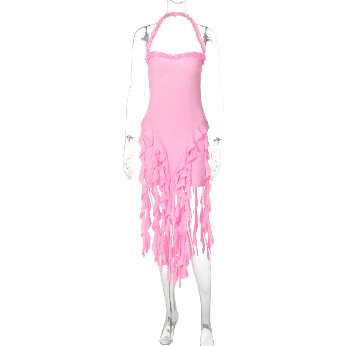 Elegant Halter Solid Ruffles Backless Taseel Sexy Slim Mini Dress Spring Women Cute Outfits Birthday Party Vacation