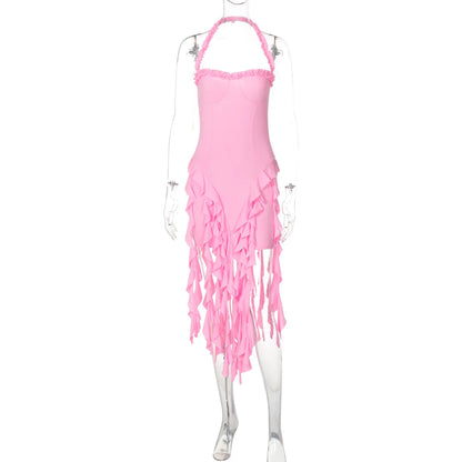 Elegant Halter Solid Ruffles Backless Taseel Sexy Slim Mini Dress Spring Women Cute Outfits Birthday Party Vacation