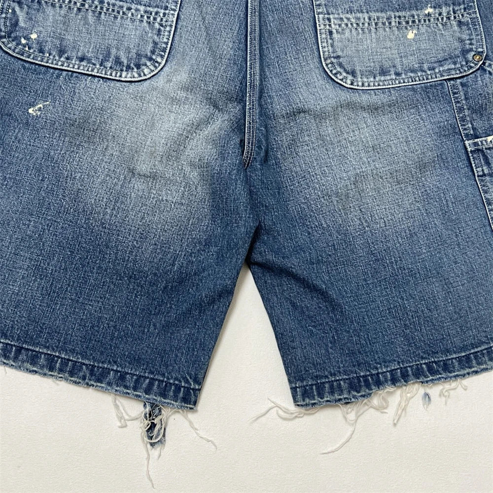 Black Nice Washed Damaged Saint DOUBLE KNEE Zipper Denim Shorts Men Women Oversized Shorts