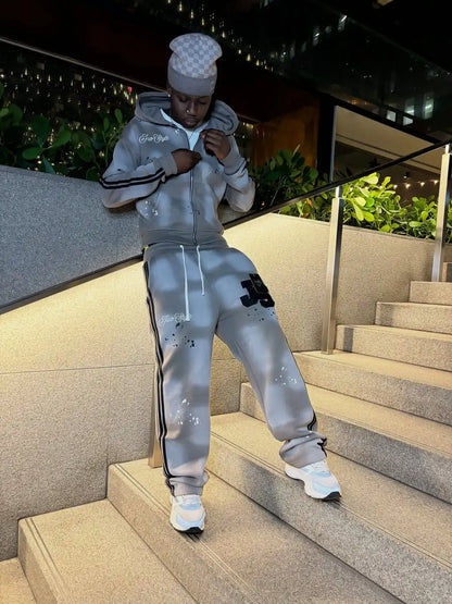 Y2K New Light Grey Classic Style Sports Set Street Hip Hop Stripe Fashion Set 2025 Men's Wear