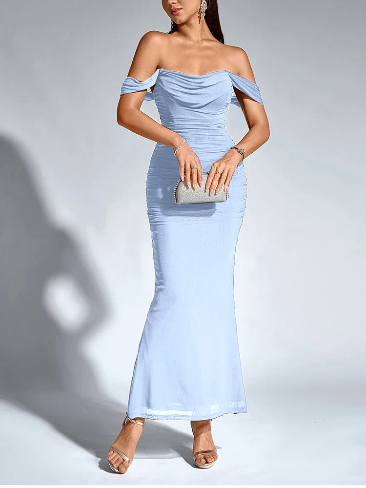 Women's Off Shoulder Ruched Mesh Long Corset Dress Backless Fishbone Bodycon Elegant Fashion Party Club Maxi Dresses
