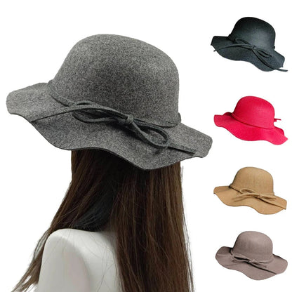 Hat Women's Autumn Wave Curled English Retro Versatile Fisherman Hat Fashion Hepburn Style Woolen Top Hat