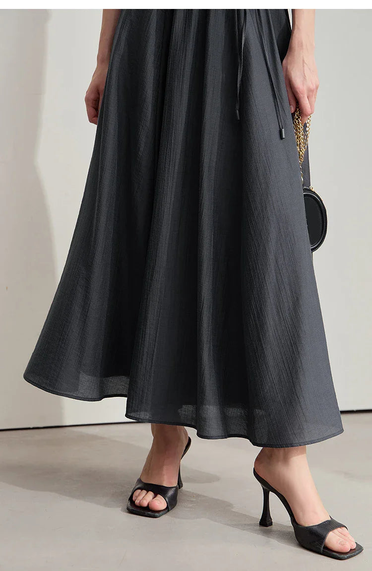 Minimalist New Summer Knee Length A-line Skirt Women Adjustable Drawstring Solid Color Commuting Style Loose Skirt 12522025