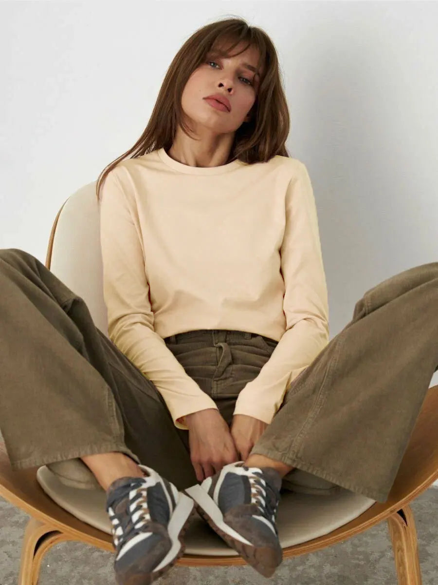 Women's Spring Autumn 100% Cotton T-shirt Bottoming Basic Solid Lady Long Sleeve Loose Tops Shirts Oversized T Shirt