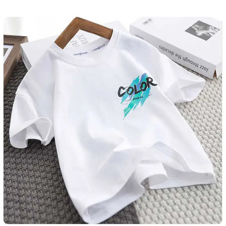 Children's set 2026 new Korean version boys' summer printed letter round neck short sleeved shorts two-piece set 4-12Y