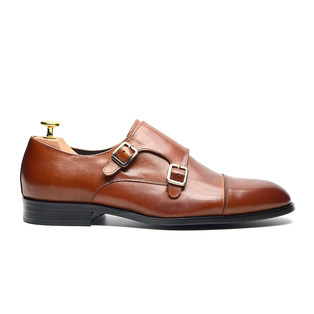 Luxury Men's Wedding Formal Shoes Genuine Leather Pure Brown Black Double Buckle Monk Strap Cap Toe Business Office Dress Shoes