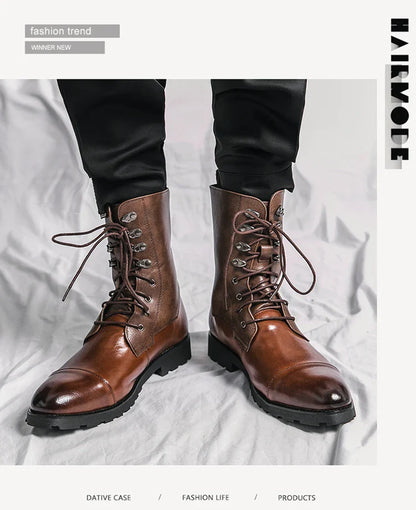 Men Lace Up High-top Boots Fashionable Outdoor Black Combat Boots