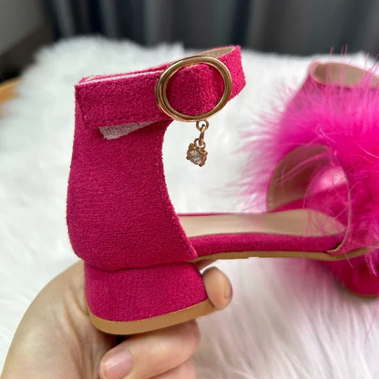 Toddler Girls Sandals Summer Low-heels Children's Sandals Open-toe Princess Fluffy New Versatile Kids Fashion Ankle-strap Shoes