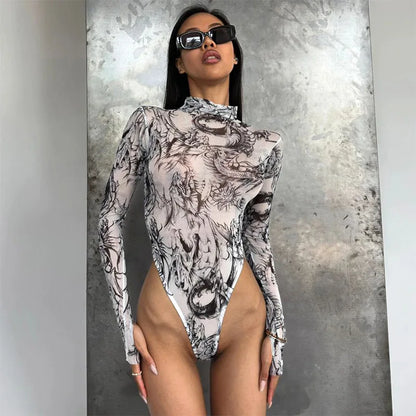 Tie Dye Sexy Bodysuit Lingerie Long Sleeve Corset Top Women One-Pieces Rave Outfit Bodycon Lenceria Femenina See Through Bustier