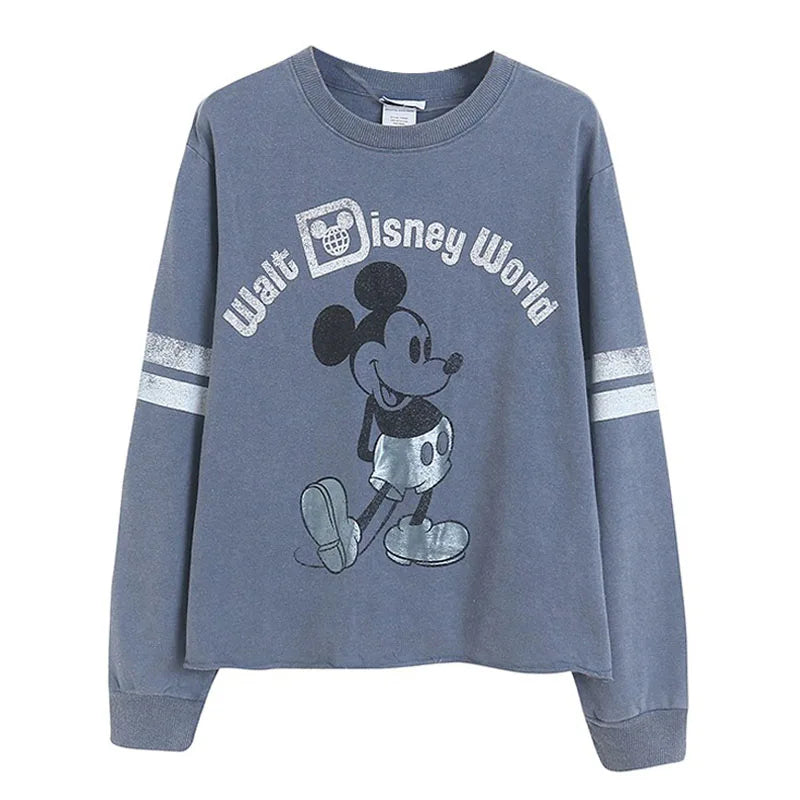 Retro Distressed Sweatshirt Women Mickey Mouse Casual Pullover Tops O Neck Long Sleeve Jumper Streetwear