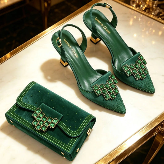 Elegant Green Rhinestone Slingback Heels & Matching Handbag Set by Venus Chan 2026 – Stylish Pointed Toe Design for Women