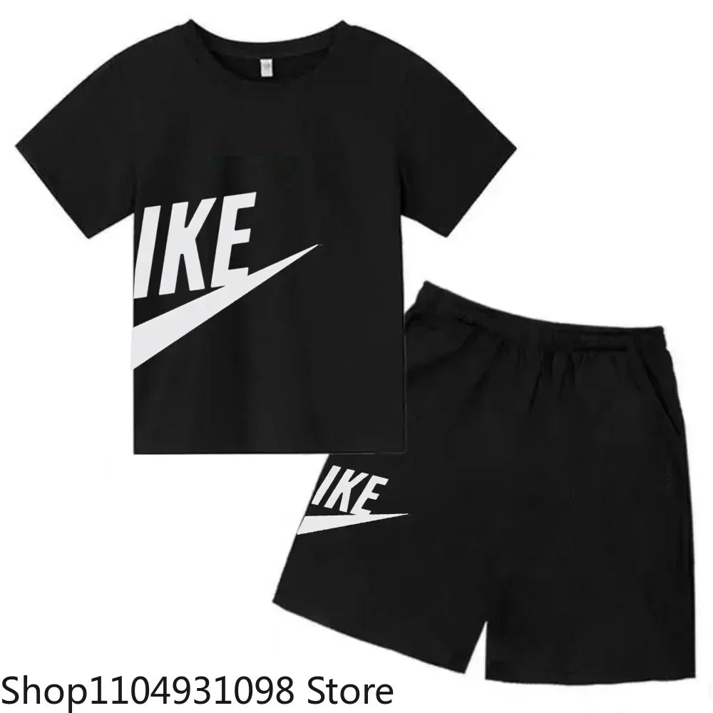 Fashion Sport 2Pcs Outfit, Printed Short Sleeve Tee and Shorts, Comfortable Summer Tracksuit for Boys Girls