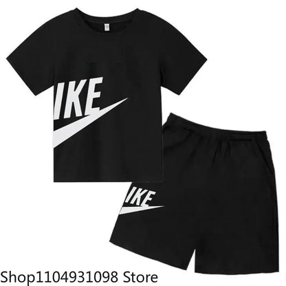 Fashion Sport 2Pcs Outfit, Printed Short Sleeve Tee and Shorts, Comfortable Summer Tracksuit for Boys Girls