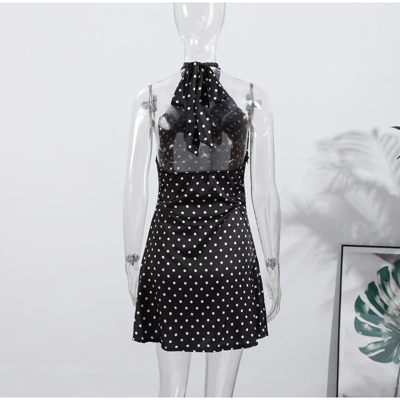Fashion Lace Up Polka Dot Mini Dress Women Square Collar Short Sleeve Satin Party Dresses2026 Summer Lady Elegant Beach Robe New