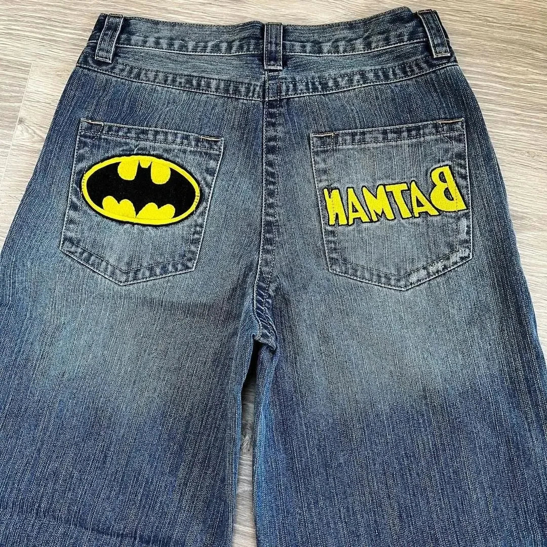 Calça Jeans Larga Retrô Azul com Bordado de Letras de Desenho Animado Hip Hop Harajuku Masculina Feminina Roupa Y2K Rock Cintura Baixa Perna Larga