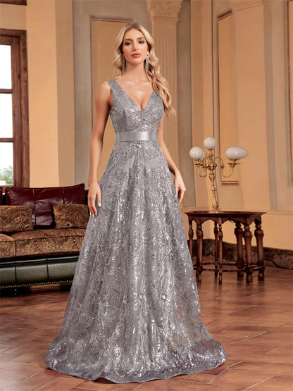 Luxury Sexy Deep V-Neck Sequins Blue Evening Dresses Women Elegant V-back Wedding Party Long Prom Cocktail Dress