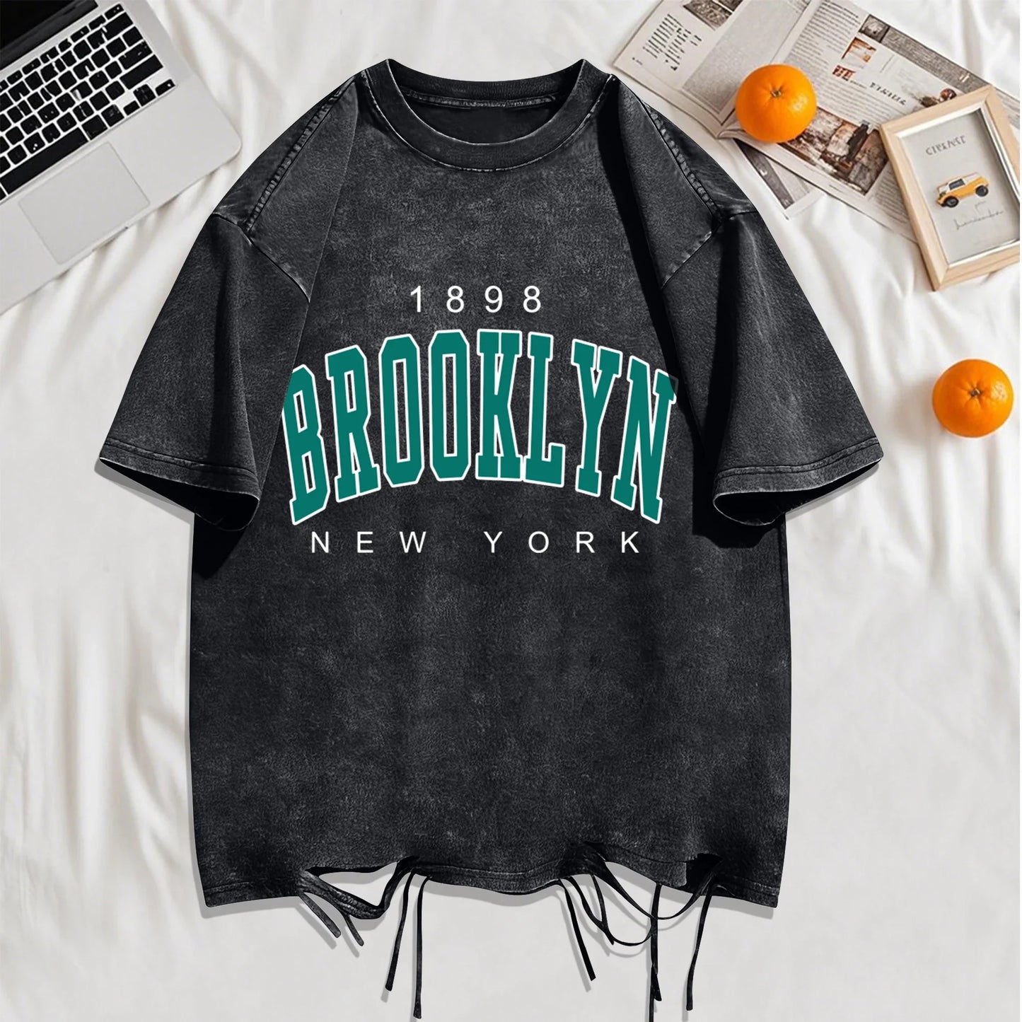 1898 Brooklyn New York Print Washed Holes T-Shirts Men Summer T-Shirt Breathable Fashion Clothing Mans Casual Cotton Streetwear