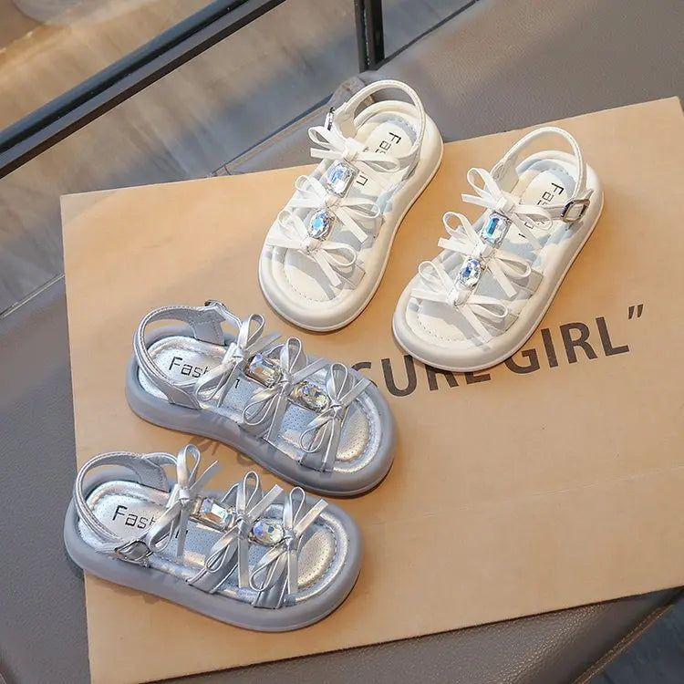Summer Kids Fashion Hollow-out Roman Sandals Student Water Diamond Bow Sandals Sweet Bowknot Comfortable Elegant Girls Shoes