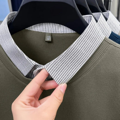 High End Brand Men's Striped Lapel Fake Two Piece Polo Shirt Designer Autumn Winter Fashion Business Simple Versatile Men's Wear