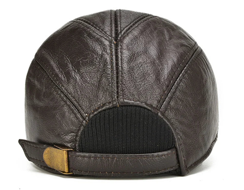 Casual Real Leather Earflap Cap Men's Real Cowhide Leather Caps Male Fall Winter Genuine Real Cow Leather Baseball Hats