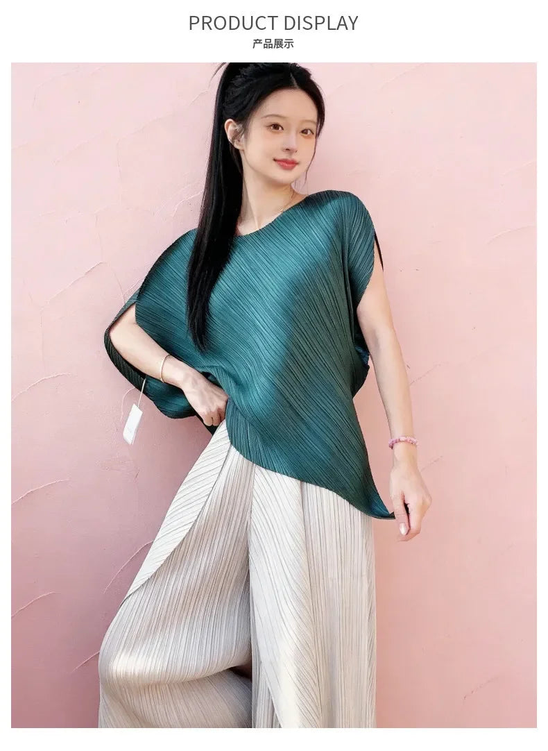 Miyake pleated high-end design fashionable irregular solid color round neck top for women