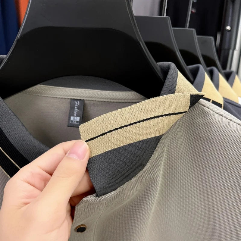 Original Design Men's Lapel Polo Shirt Autumn New Solid Color Print Long Sleeve T-Shirt High-End Business Leisure Men's Clothing