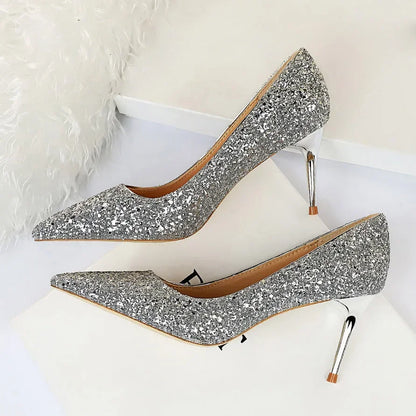 Women Luxury Bling Red  Blue Valentine Party Scarpins Pumps Lady Glitter Sequins 7cm 9.5cm High Heels Designer Shoes Plus Size