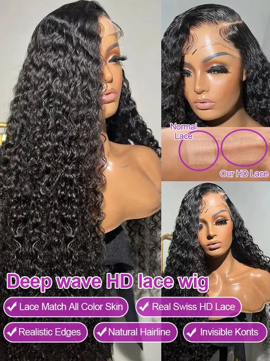 40 46 Inch Deep Wave Lace Frontal Wig 13x4 13x6 Hd Transparent Curly Human Hair Lace Front Wigs For Black Women Water Wave Lace Wigs Pre Plucked Baby Hair 300 High Density Brazilian Human Hair