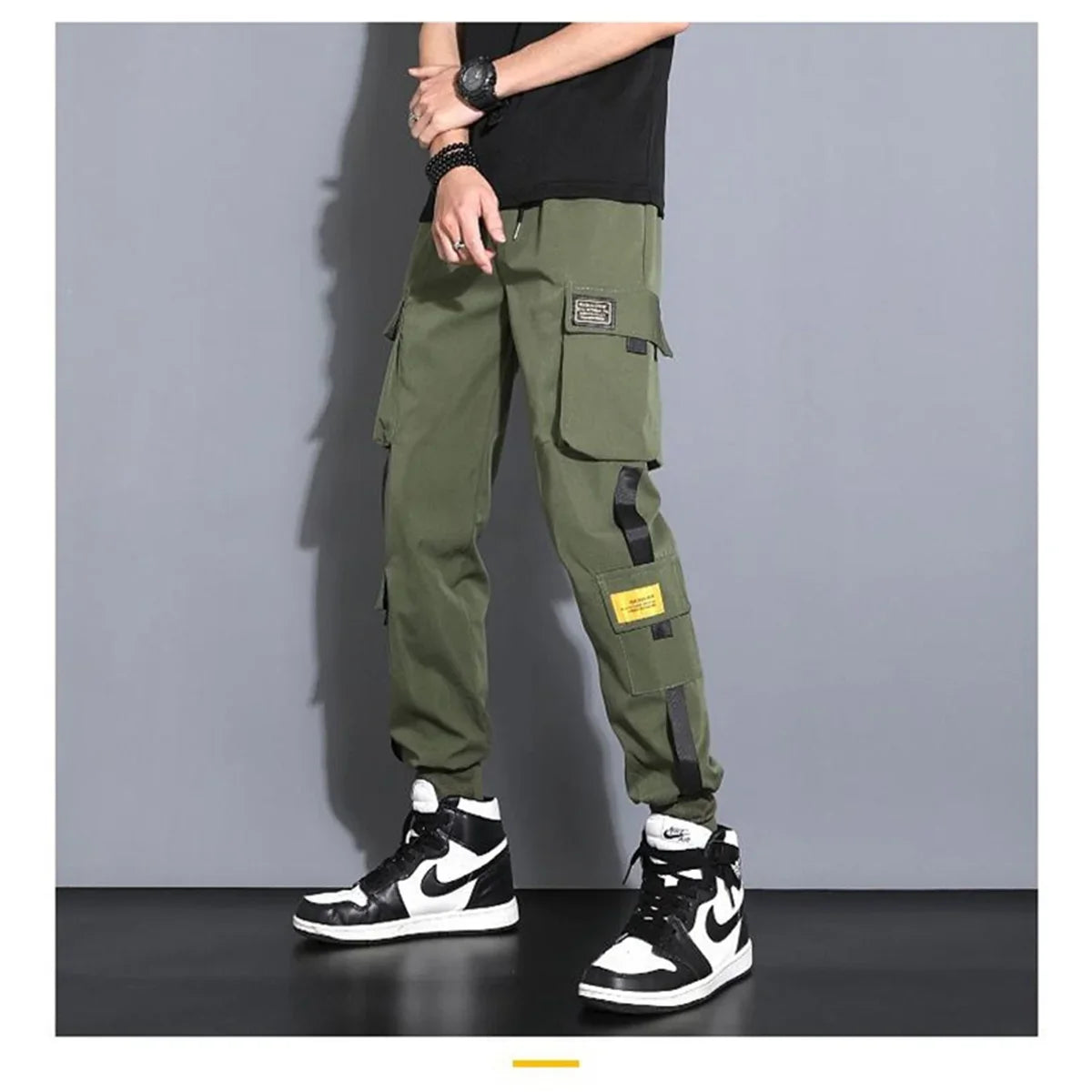 Men's Cargo Pants Casual Hip Hop Hit Color Multiple Pockets Trousers Streetwear Ribbons Techwear Sweatpants Boys