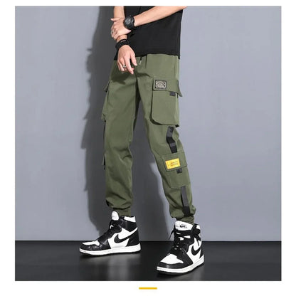 Men's Cargo Pants Casual Hip Hop Hit Color Multiple Pockets Trousers Streetwear Ribbons Techwear Sweatpants Boys