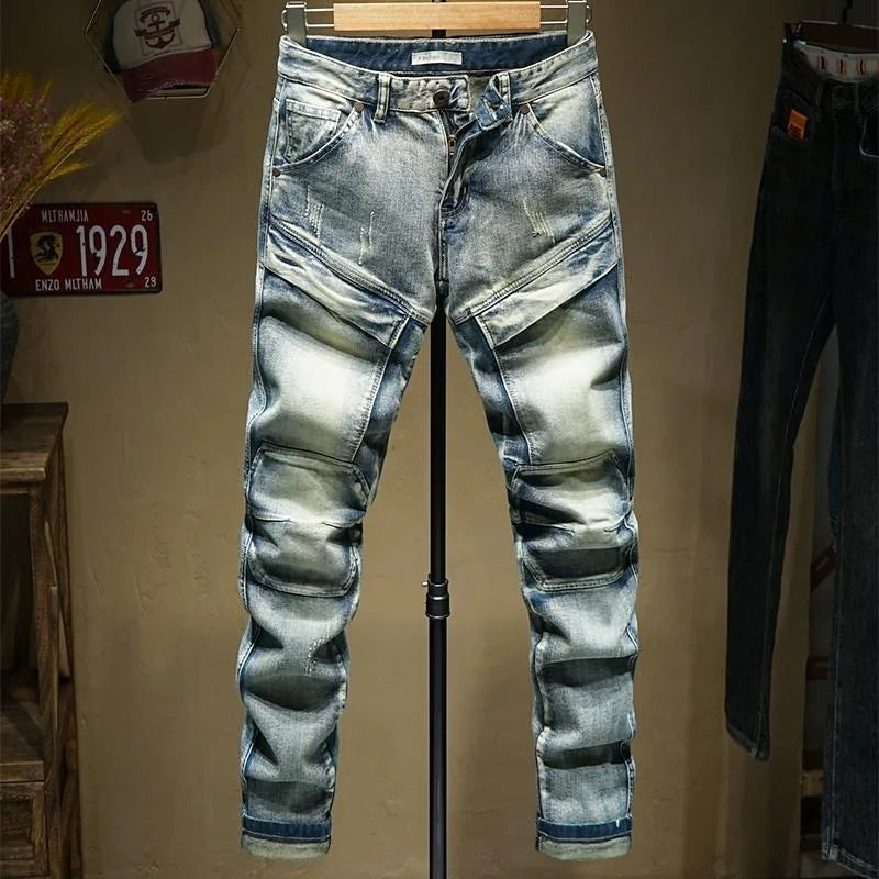 2024 Spring and Autumn New Fashion Trend Solid Color Retro Motorcycle Jeans Men's Casual Loose Comfortable Straight Leg Pants
