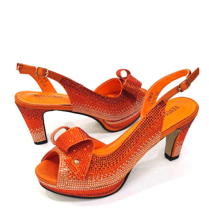 Newest INS Style Peach Color Rhinestone Elegant High Heels Nigeria Popular Design African Ladies Shoes And Bag Set