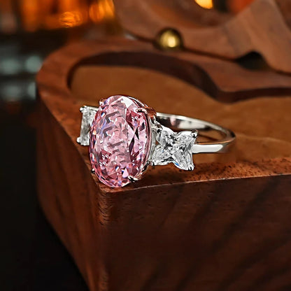 S925 Silver Ring 8 * 12mm Elliptical Zircon Powder Ice Flower Cut Ring Sweet Wind Jewelry