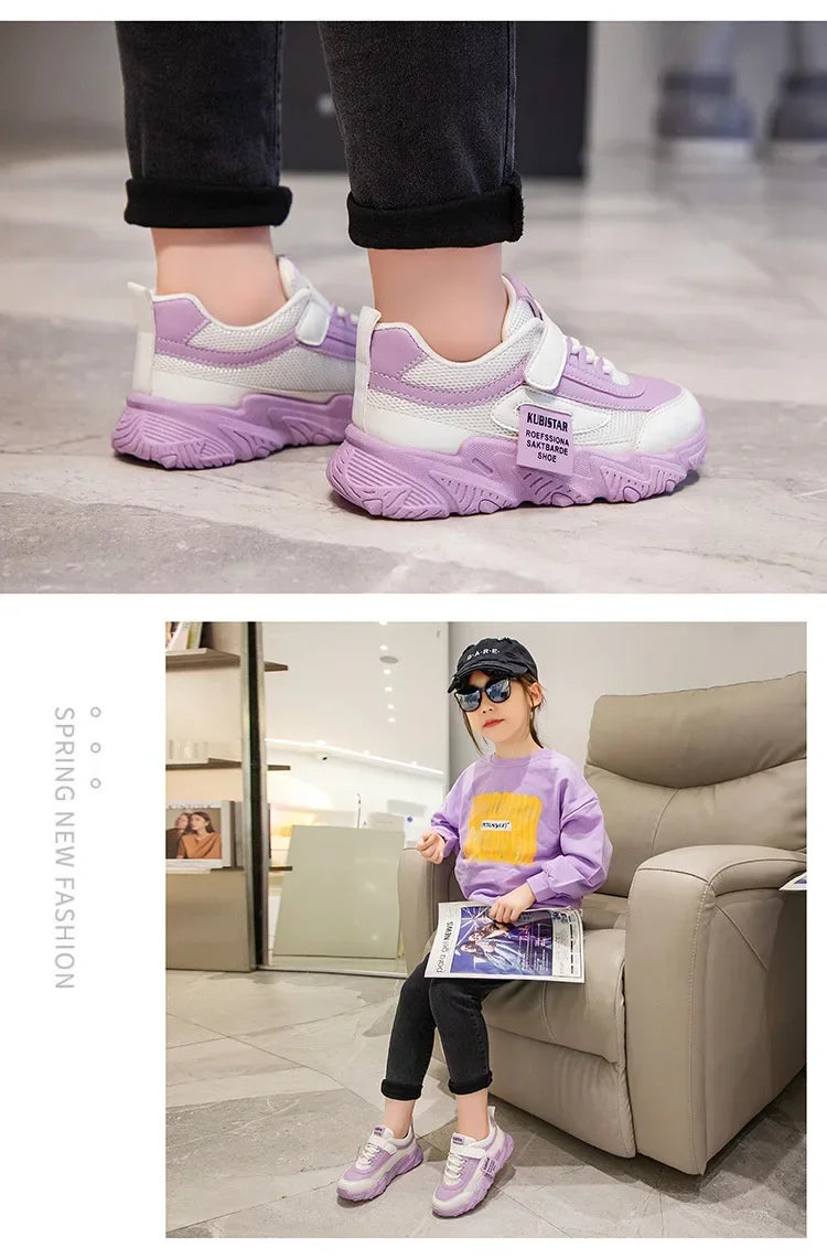 Spring New Kids Sneakers 2025 PU Girls Casual Mesh Solid Pink Light Boys White Hook & Loop Children Non-slip Sports Shoes