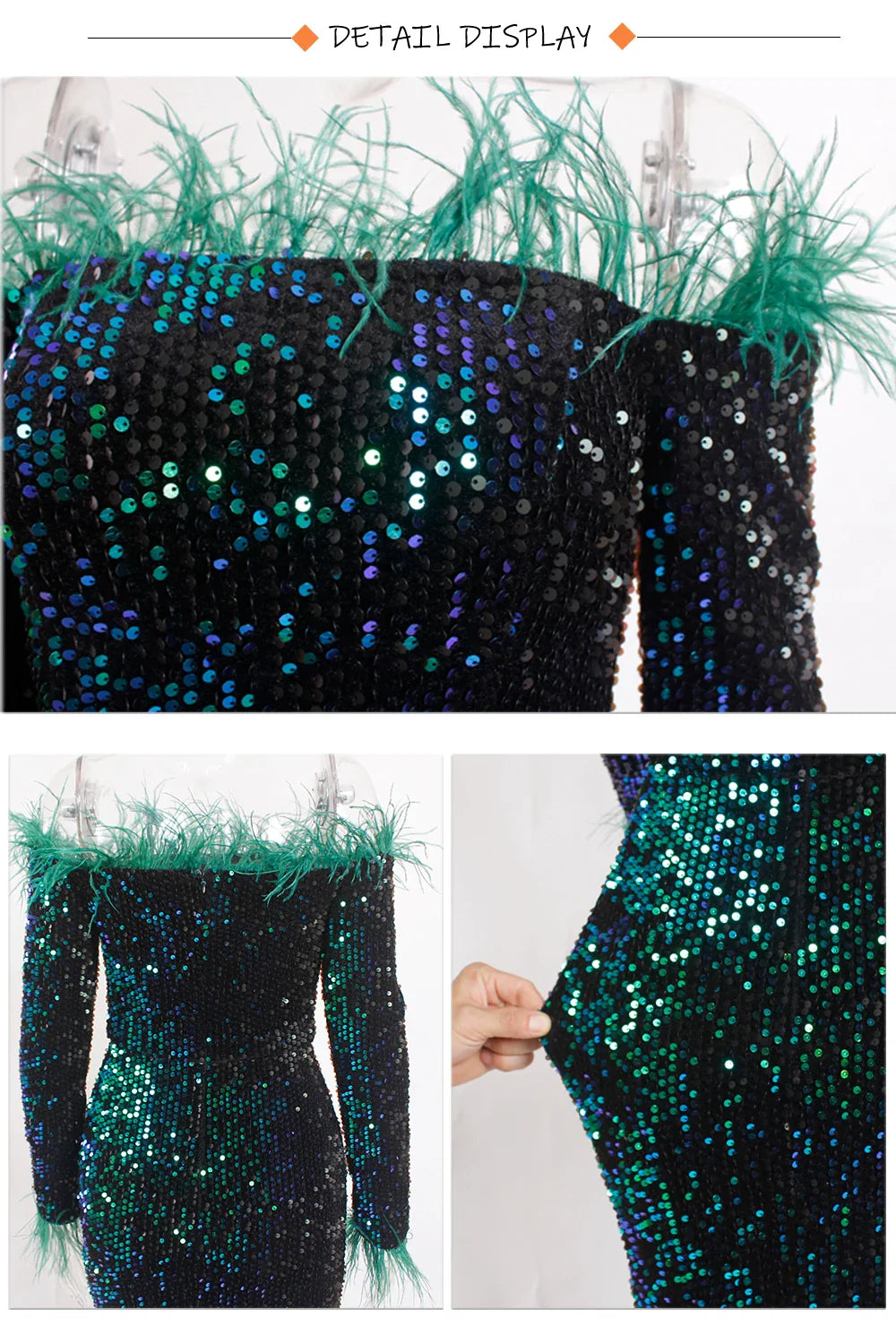 Sparkle Sequin Green Feathers Maxi Cocktail Dress Mermaid Off Shoulder Long Sleeves Stretch Wedding Party Gown Dresses 2025