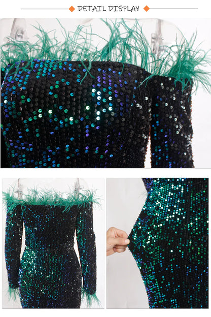 Sparkle Sequin Green Feathers Maxi Cocktail Dress Mermaid Off Shoulder Long Sleeves Stretch Wedding Party Gown Dresses 2025