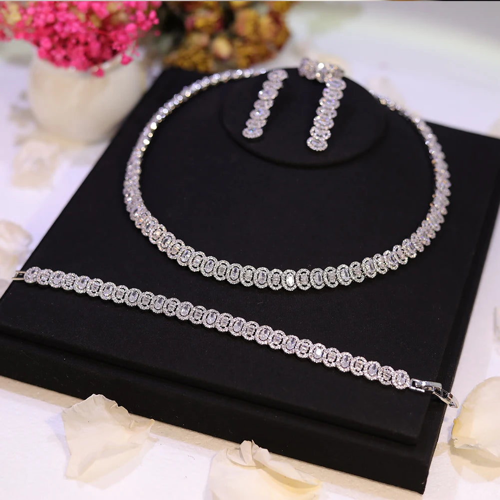 New Sparkling Cubic Zirconia Choker Necklace Earrings Bracelet Set for Women Wedding Party Jewelry