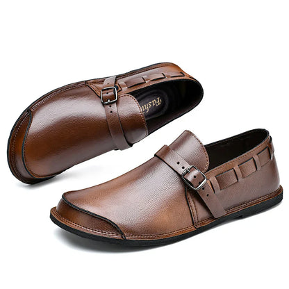 Sapatos Masculinos de Couro com Bico Largo e Sem Cadarço, Flats Casuais Minimalistas Antiderrapantes Primavera Verão Outono