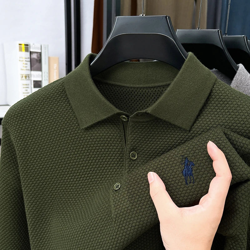 High-end Quality Men's Casual Outdoor Pineapple Pattern Knitted Long-sleeve Polo Shirt (eco-cotton, No Shrinkage No Deformation)