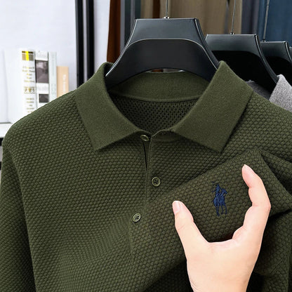 High-end Quality Men's Casual Outdoor Pineapple Pattern Knitted Long-sleeve Polo Shirt (eco-cotton, No Shrinkage No Deformation)