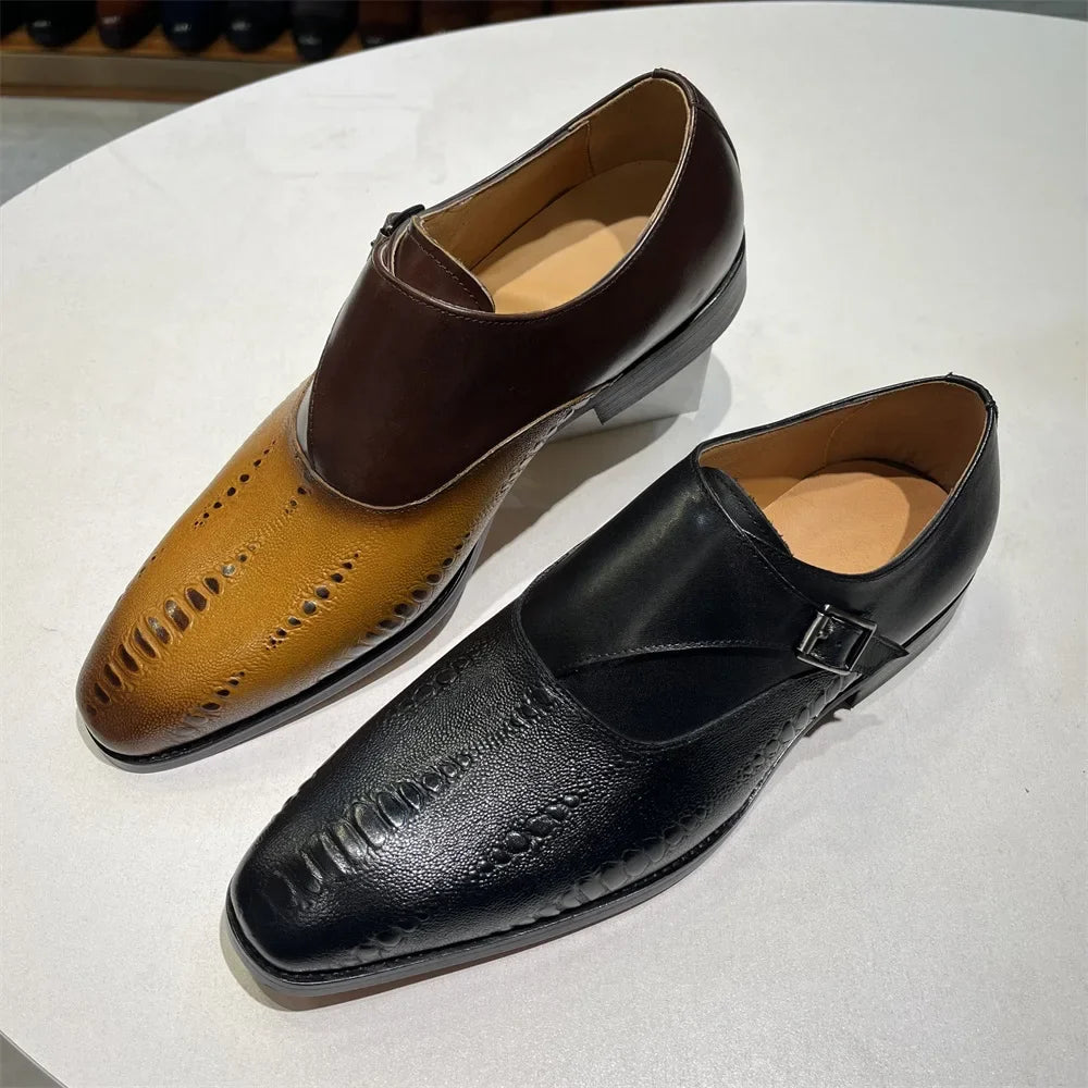 Luxury Men's Loafers Genuine Leather Men's Slip on Wedding Party Formal Shoes Metal Buckle Round Toe Men's Dress Shoes