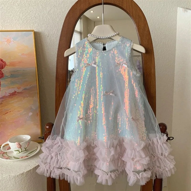 Girls Dress Cotton Summer New Childrens Clothing Korean Style Girls Baby Bow Glittering Princess Skirt Casual Simple Daily Party