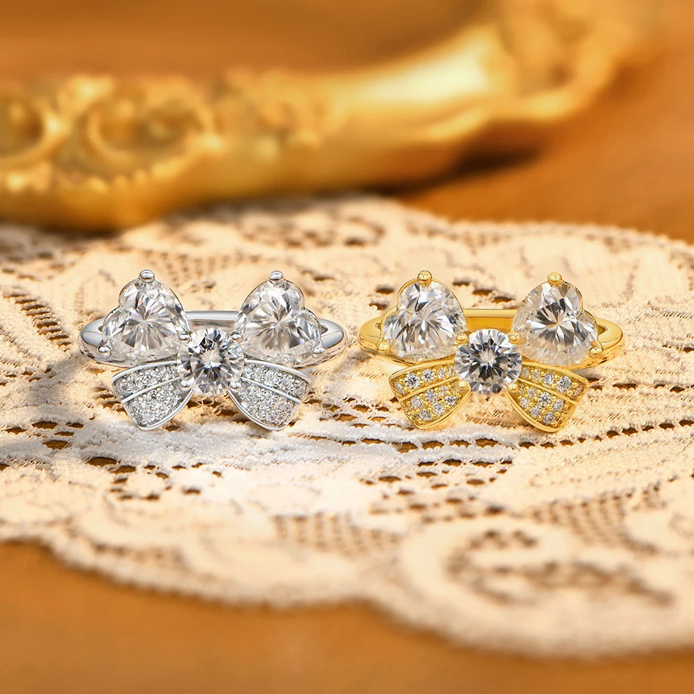 S925 Silver Heart Cut Bow Ring Full Moissanite Rings for Women Elegant Romantic Wedding Engagement Party Jewelry Gifts
