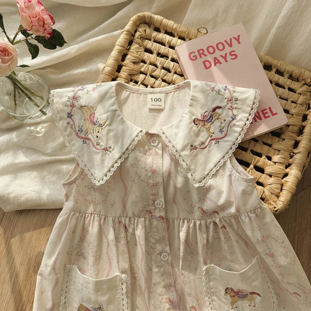 New Summer Girls' Clothing for 2-7 Years Old Korean Version Fashionable Daily Pony Embroidery Lapel Sleeveless Printed Dress