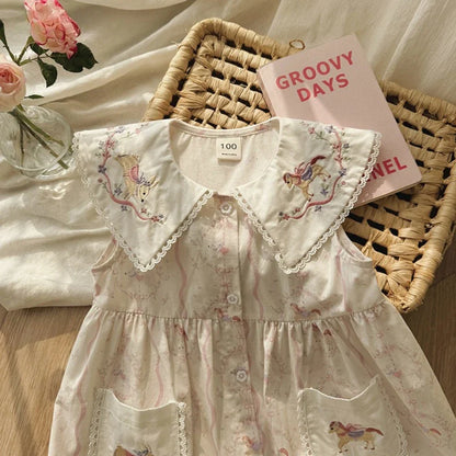 New Summer Girls' Clothing for 2-7 Years Old Korean Version Fashionable Daily Pony Embroidery Lapel Sleeveless Printed Dress