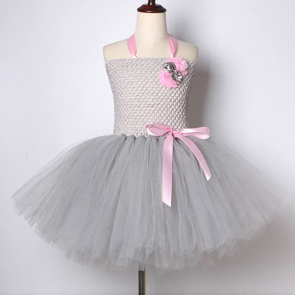 Pink Gray Mouse Tutu Dress for Baby Girls Grey Rat Costumes with Ears Bow Tie Tail Kids Animal Carnival Outfit Birthday Clothes