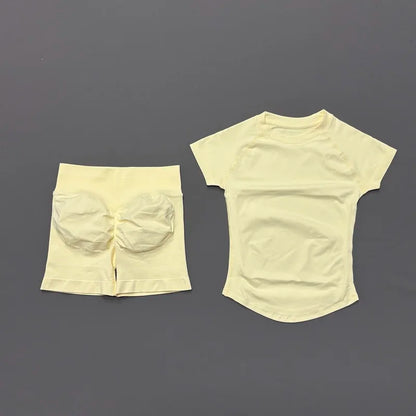 2 Piece Gym Sets Women Seamless Short Sleeve Top Butt Lifting Shorts Workout Fitness Running Sports Yoga Tracksuit