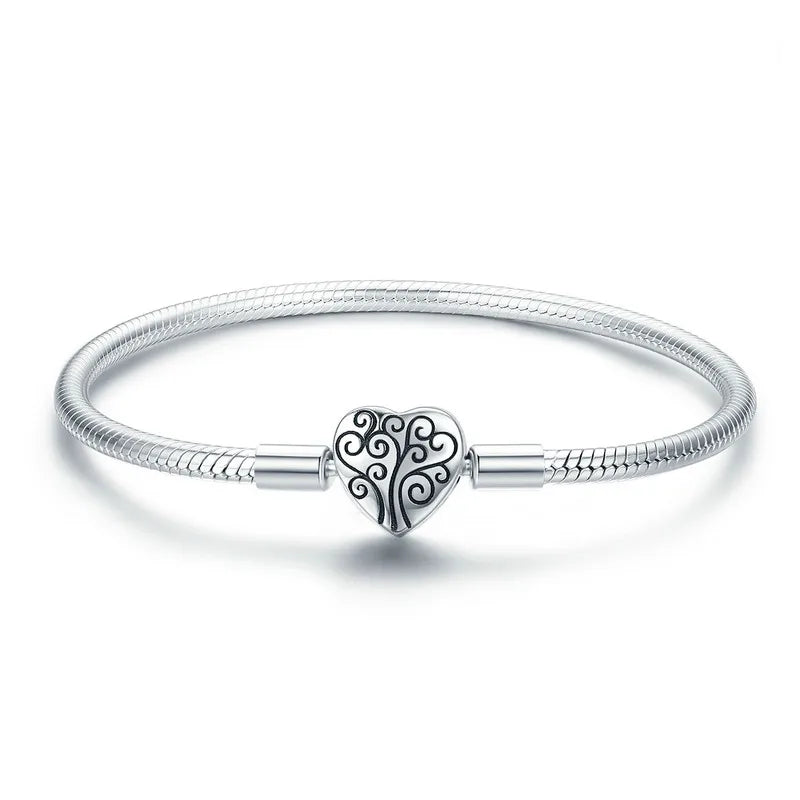 100% 925 Sterling Silver Forever Love Bright Heart Charms Bracelet for Women Cat Clasp Snake Chain Bangle Fine Jewelry
